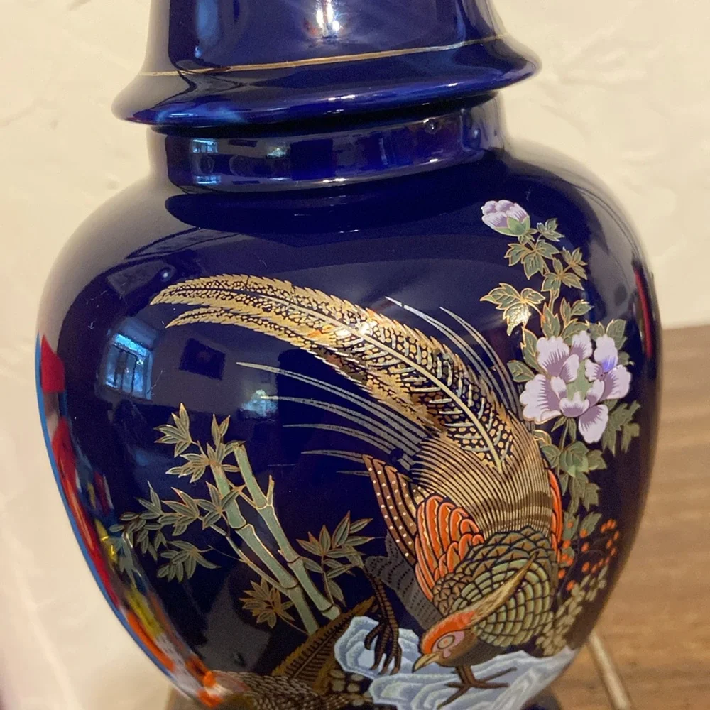 Vintage Japanese Ginger Jar w/ Lid Cobalt Blue with Peacock Bird & Floral 9” - Picture 6 of 15